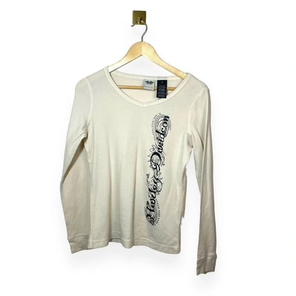 VINTAGE Harley Davidson V-Neck Thermal Rhinestone Long Sleeve in Ivory Size M - Picture 4 of 11